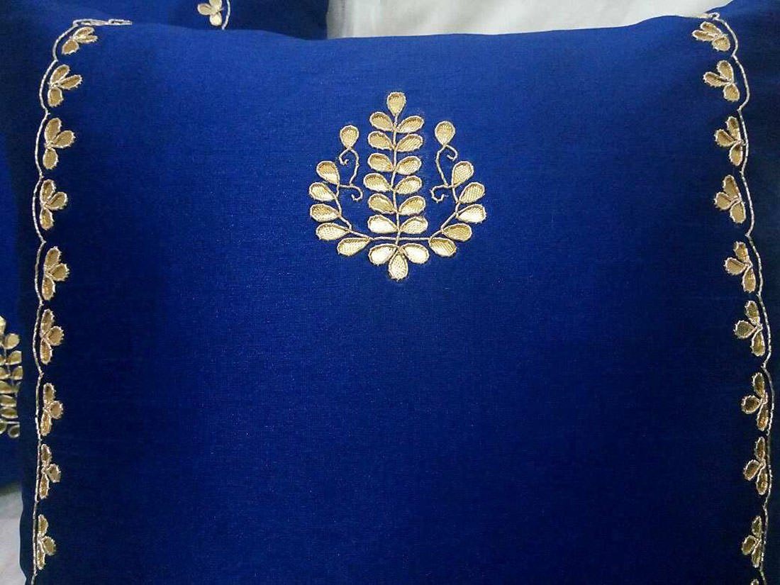Hand Embroidered Gotta Patti Ethnic Blue Cushion Covers - Image 4