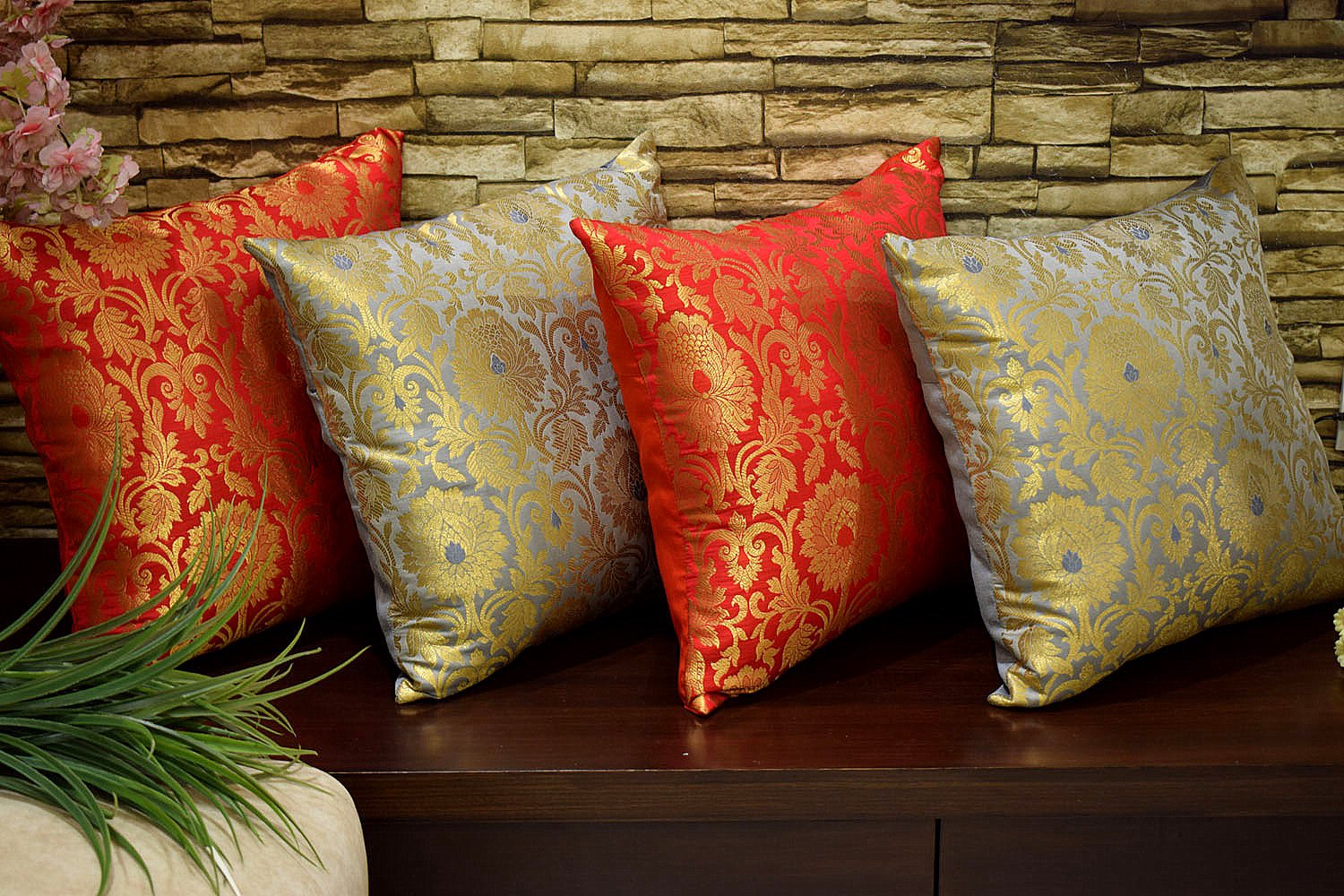 MUGHAL BANARASI Brocade Cushion Covers Combo (Grey & Red) - Image 4