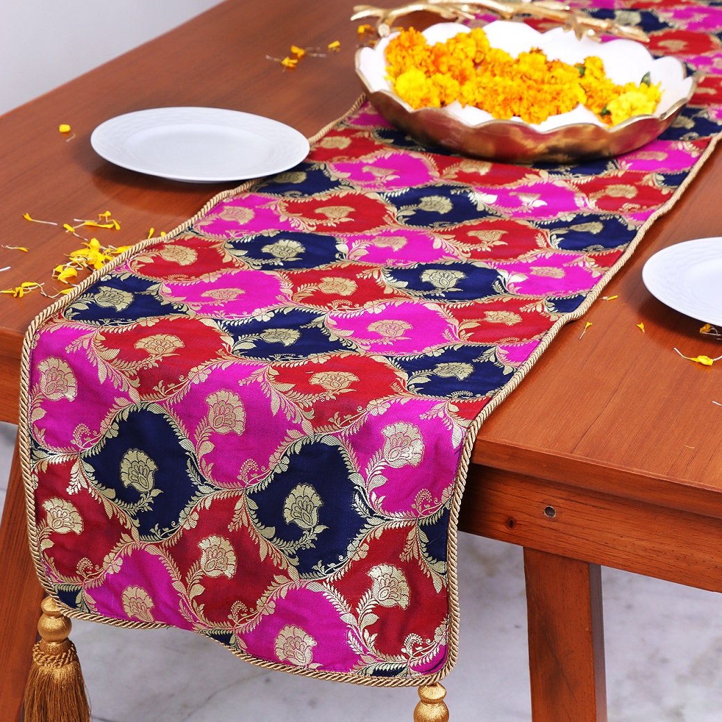 Khin-Khwabeeda Brocade Table Runner (Rust, Blue, Pink) - Image 4