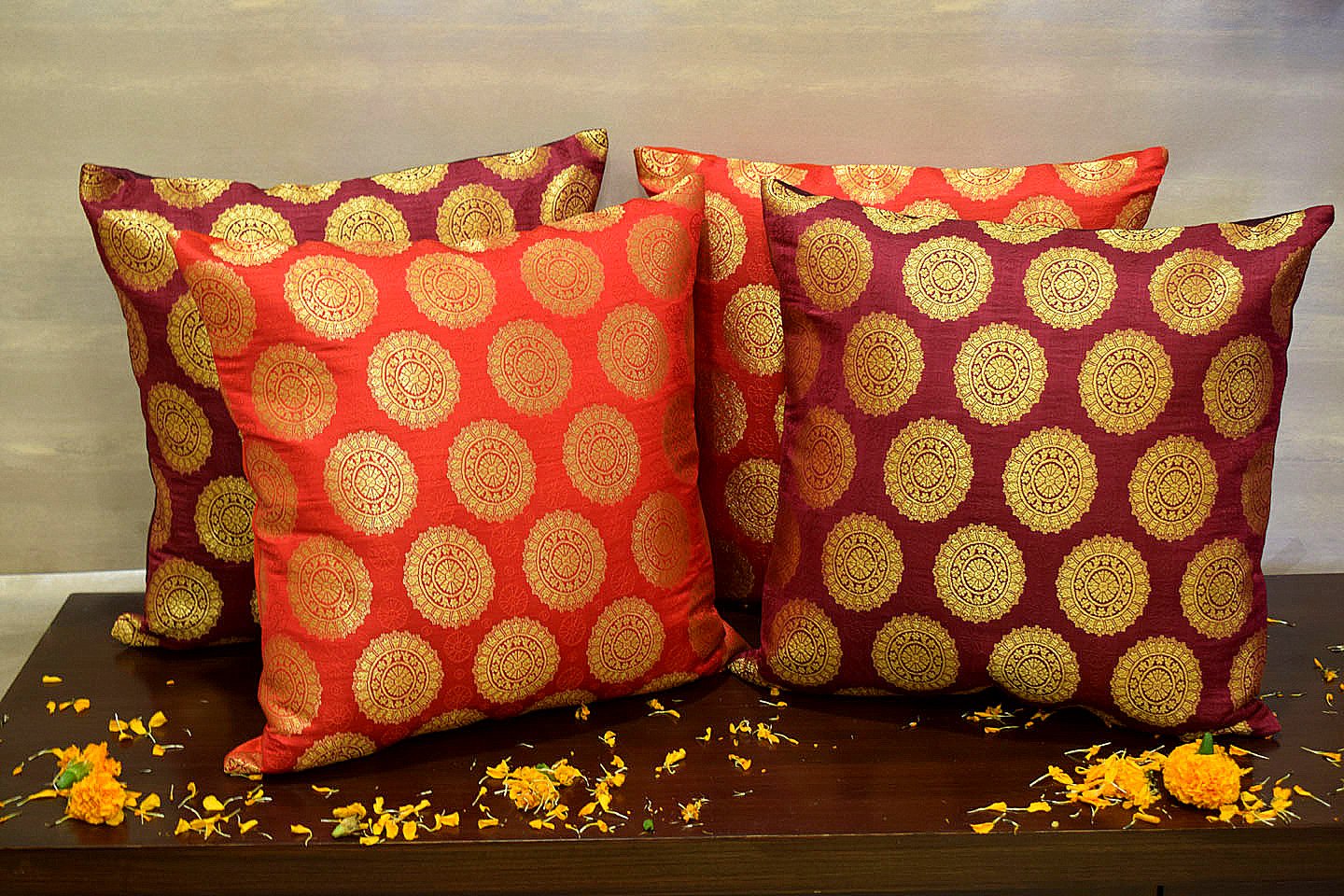 Mandala Brocade Silk Cushion Covers Combo (Red & Maroon) - Image 4
