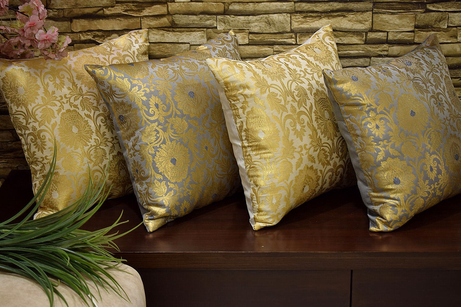 MUGHAL BANARASI Brocade Cushion Covers Combo (Grey & White) - Image 4