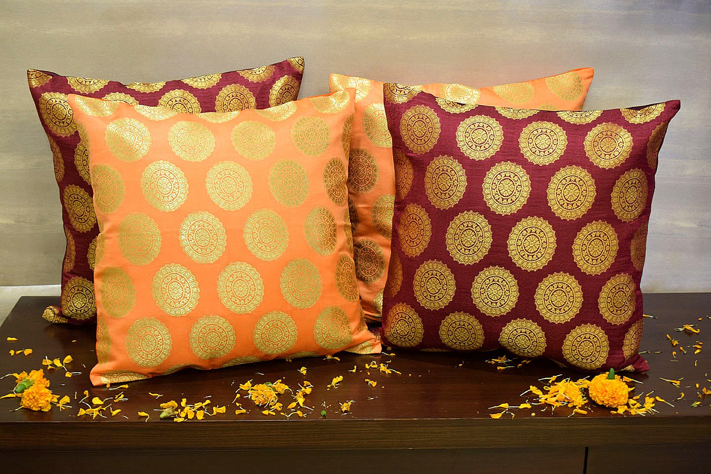 Mandala Brocade Silk Cushion Covers Combo (Orange& Maroon) - Image 4