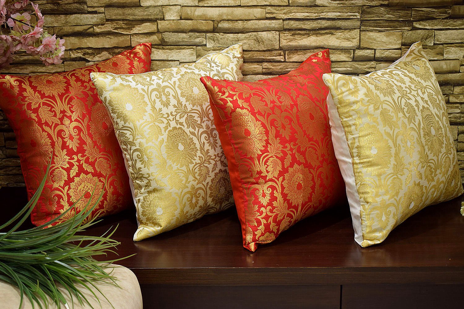 MUGHAL BANARASI Brocade Cushion Covers Combo (Red & White) - Image 4