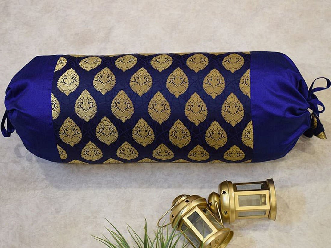 Get Bold With Rich Heritage & Class! Premium Quality Pure Brocade Blue & Golden Classic Design Ethnic Bolster Covers - Image 4