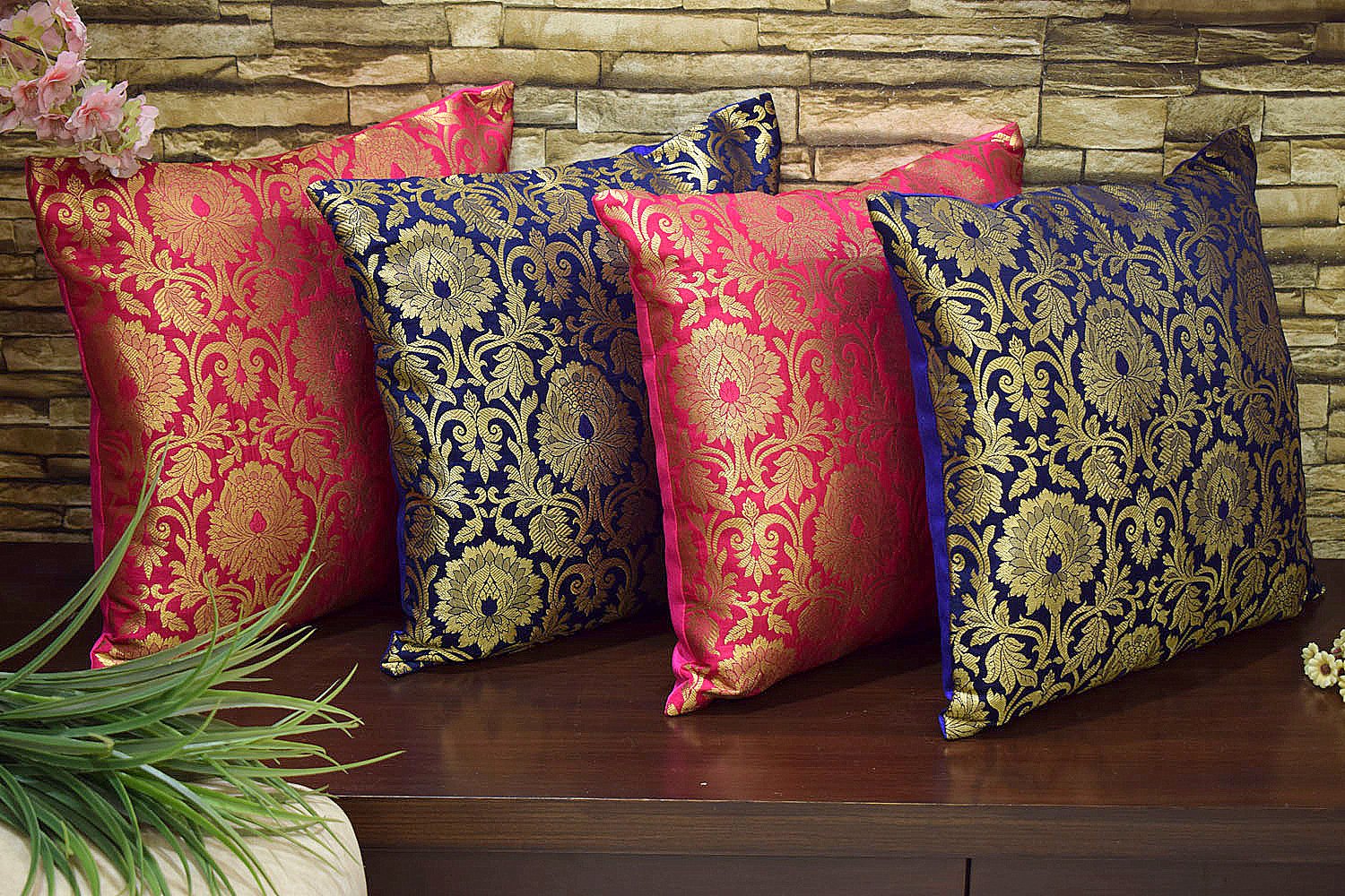 MUGHAL BANARASI Brocade Cushion Covers Combo (Blue & Bougainvillea Pink) - Image 4