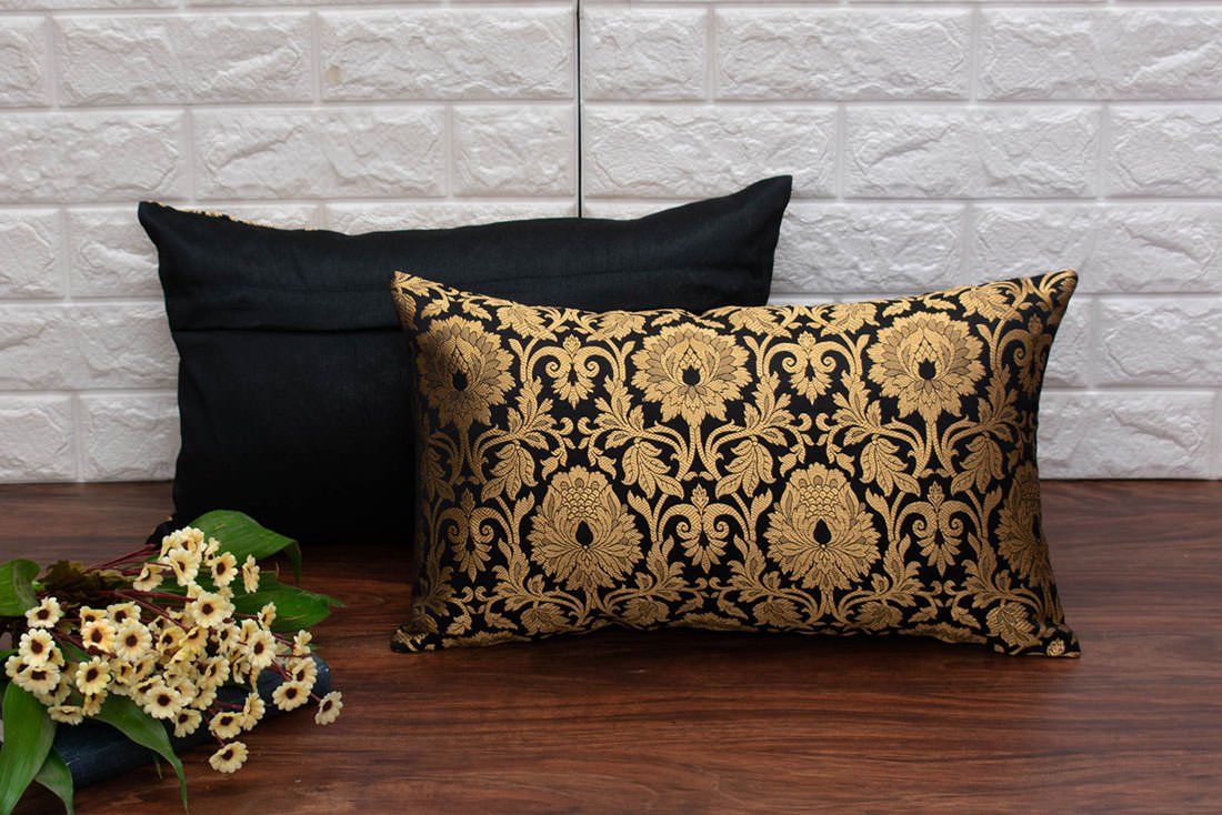MUGHAL BANARASI Brocade Long Rectangular Cushion Covers (Black & Golden) - Image 3