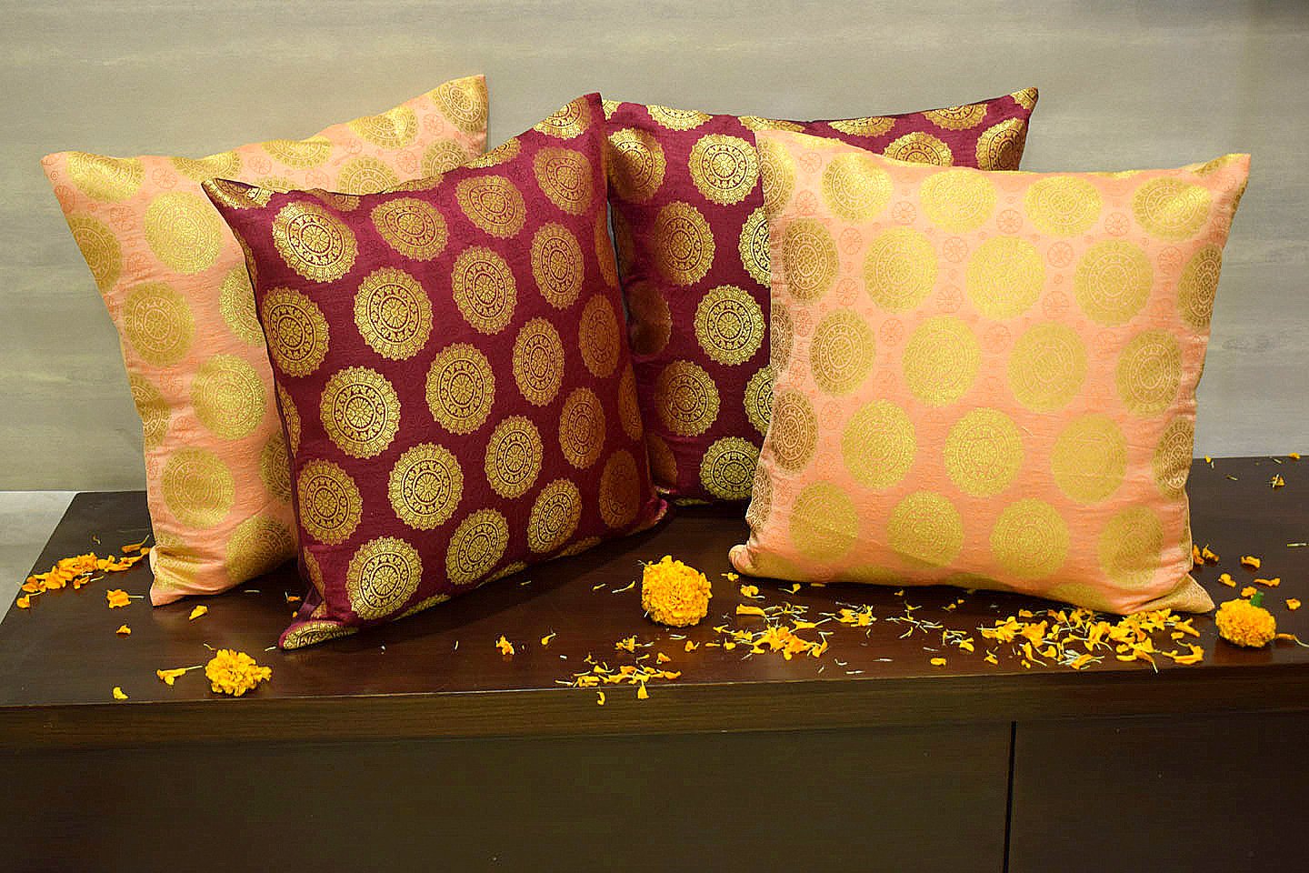 Mandala Brocade Silk Cushion Covers Combo (Coral & Maroon) - Image 4