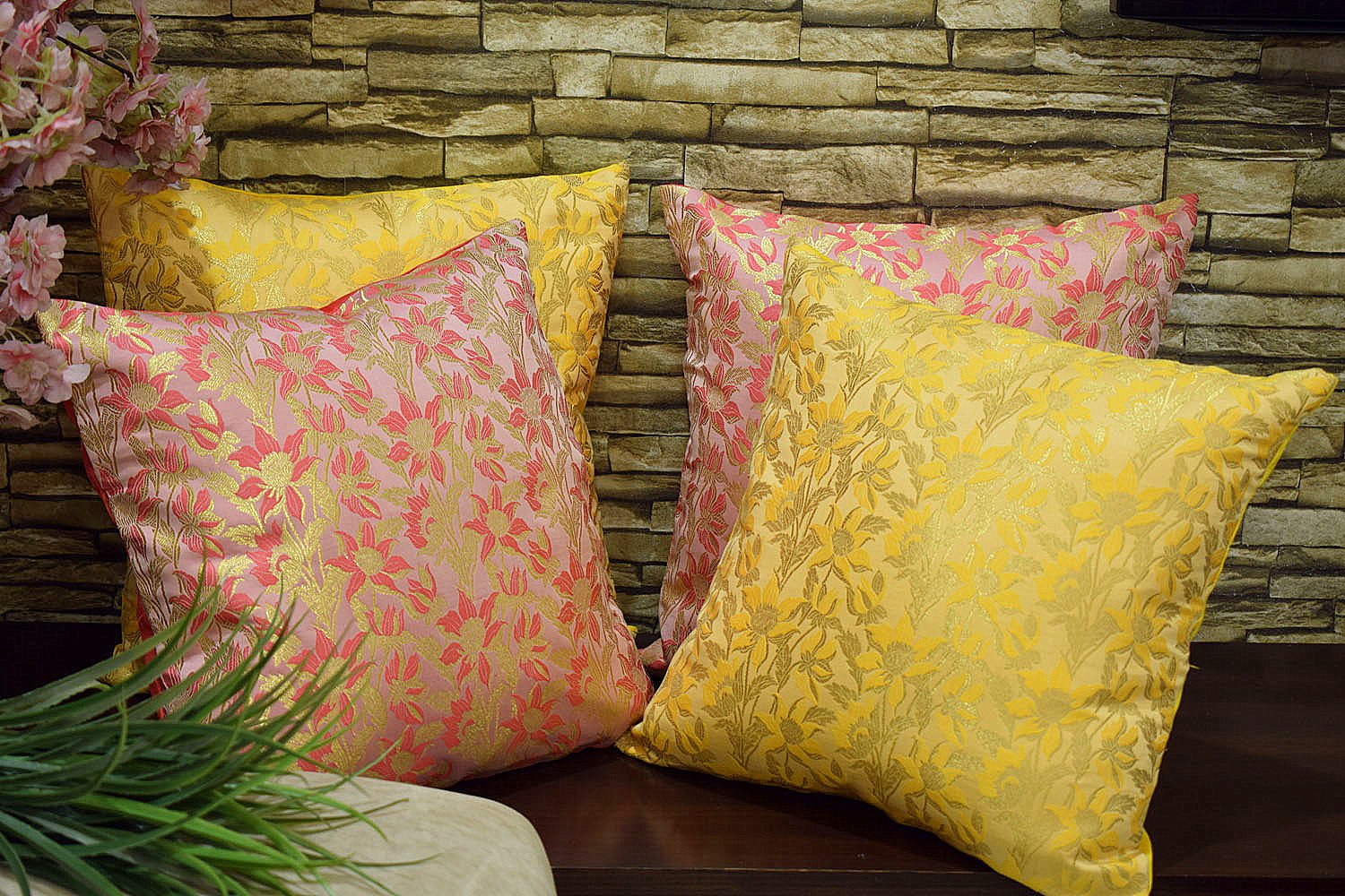 Bageecha Floral Brocade Silk Cushion Covers Combo (Yellow & Coral) - Image 4