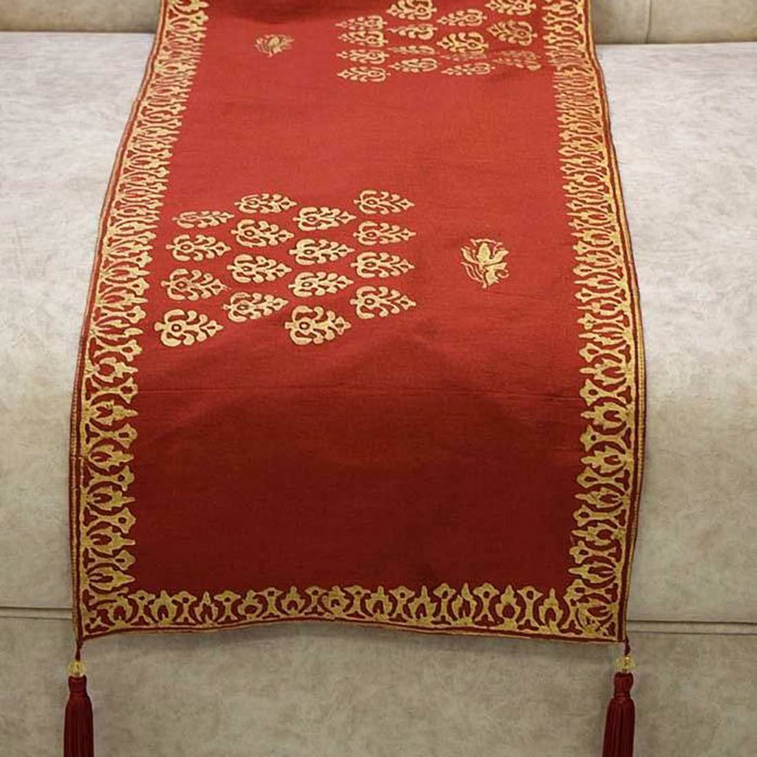Royal Gold Hand Block Printed Premium Quality Silk Ethnic Table Runner - Maroon - Image 4
