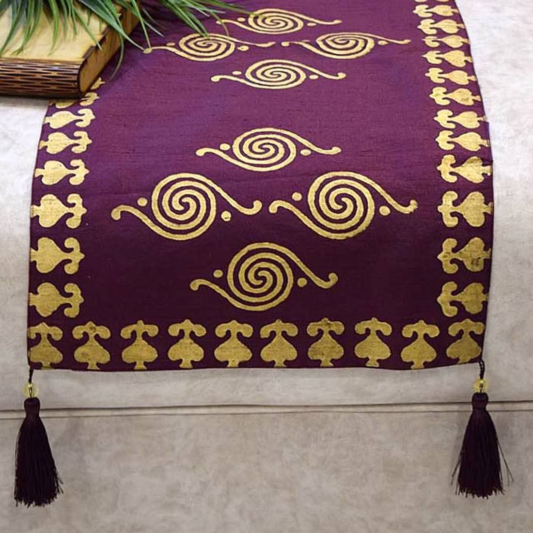 Royal Gold Hand Block Printed Premium Quality Silk Ethnic Table Runner - Wine - Image 4