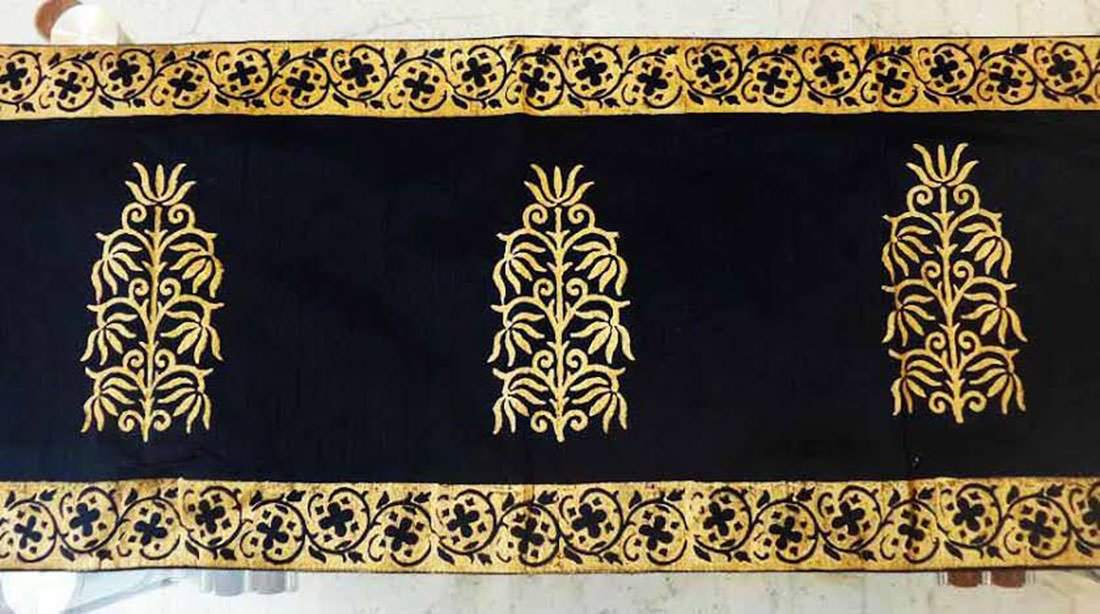 Royal Gold Hand Block Printed Silky Table Runner - Black - Image 4