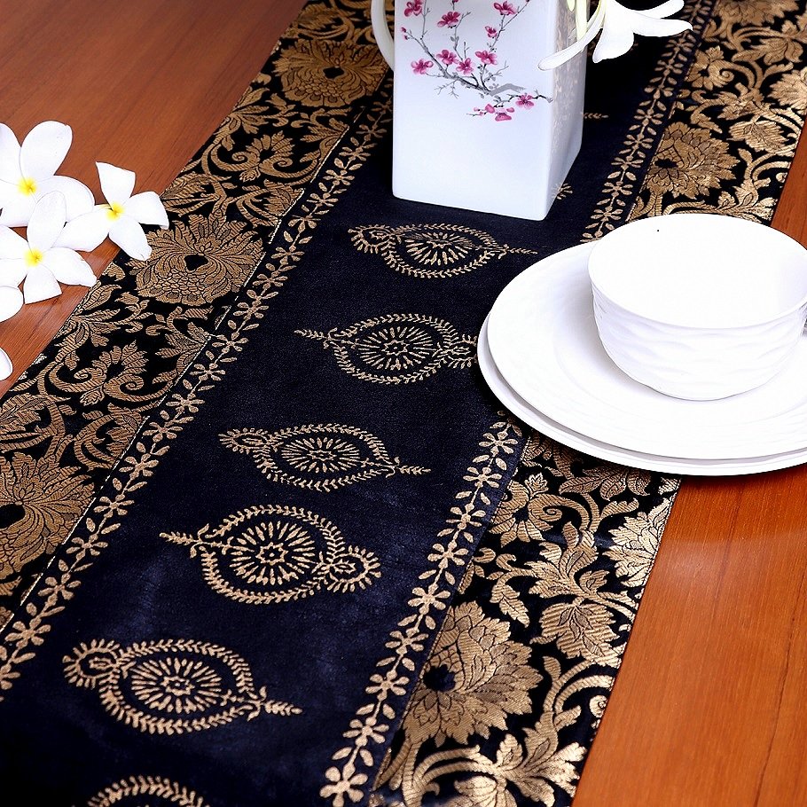 Mughal Banarasi Gardish Block Printed Table Runner - Black - Image 3