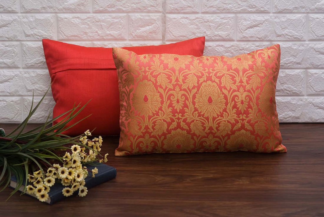 MUGHAL BANARASI Brocade Long Rectangular Cushion Covers (Living Coral & Golden) - Image 4