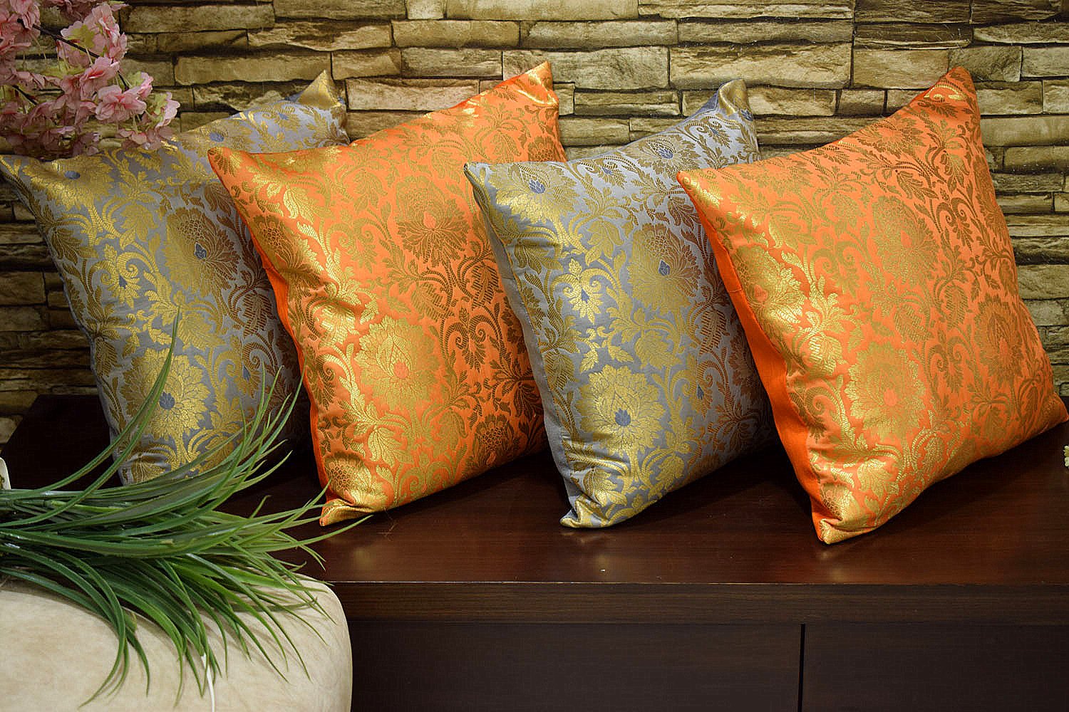 MUGHAL BANARASI Brocade Cushion Covers Combo (Orange & Grey) - Image 4