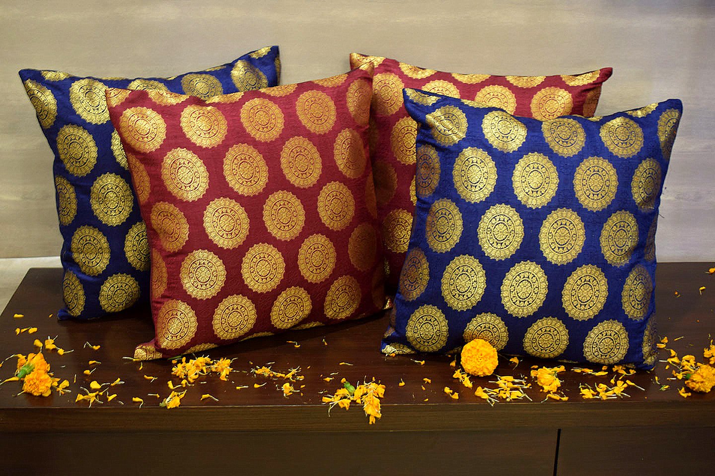 Mandala Brocade Silk Cushion Covers Combo (Blue & Maroon) - Image 4