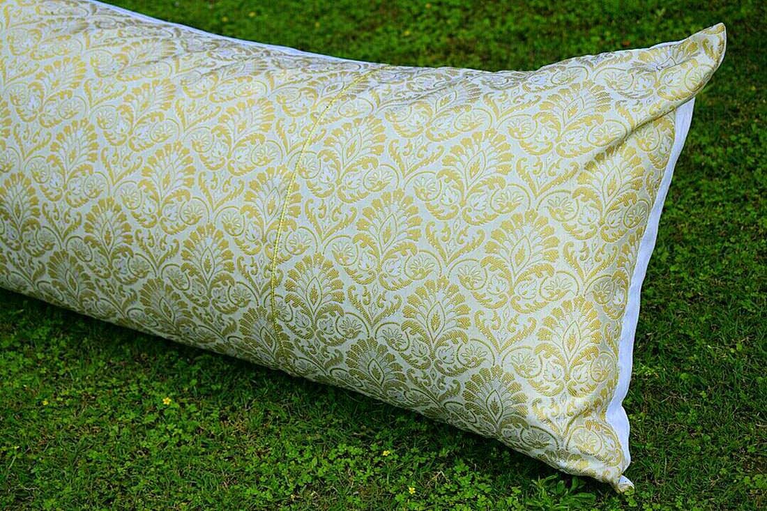 Extra Long Irish Ivory & Golden Brocade Mughal Classic Design Pillow Cover With Filler - Image 4