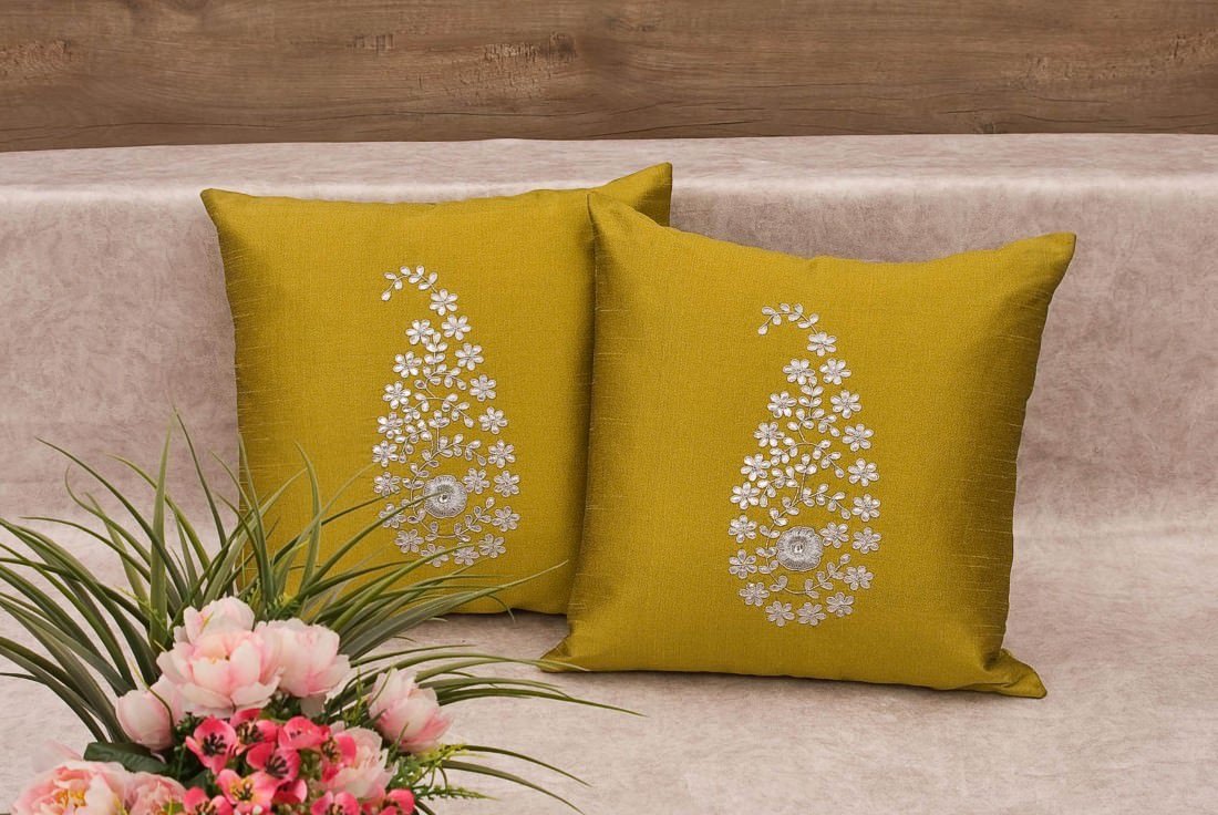 Mustard Yellow & Silver Paisley Gota Patti Hand Embroidery - Image 3