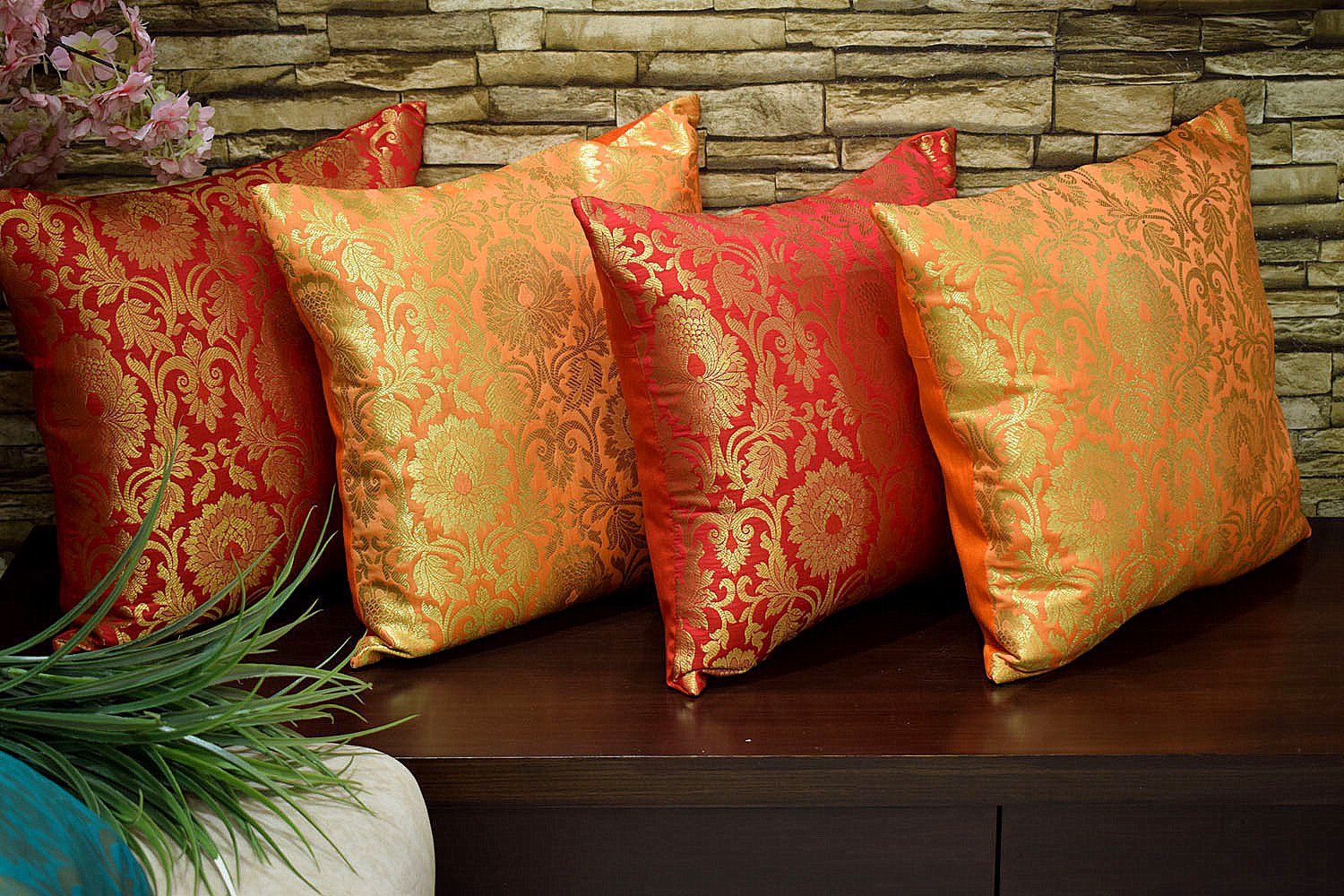 MUGHAL BANARASI Brocade Cushion Covers Combo (Orange & Red) - Image 4