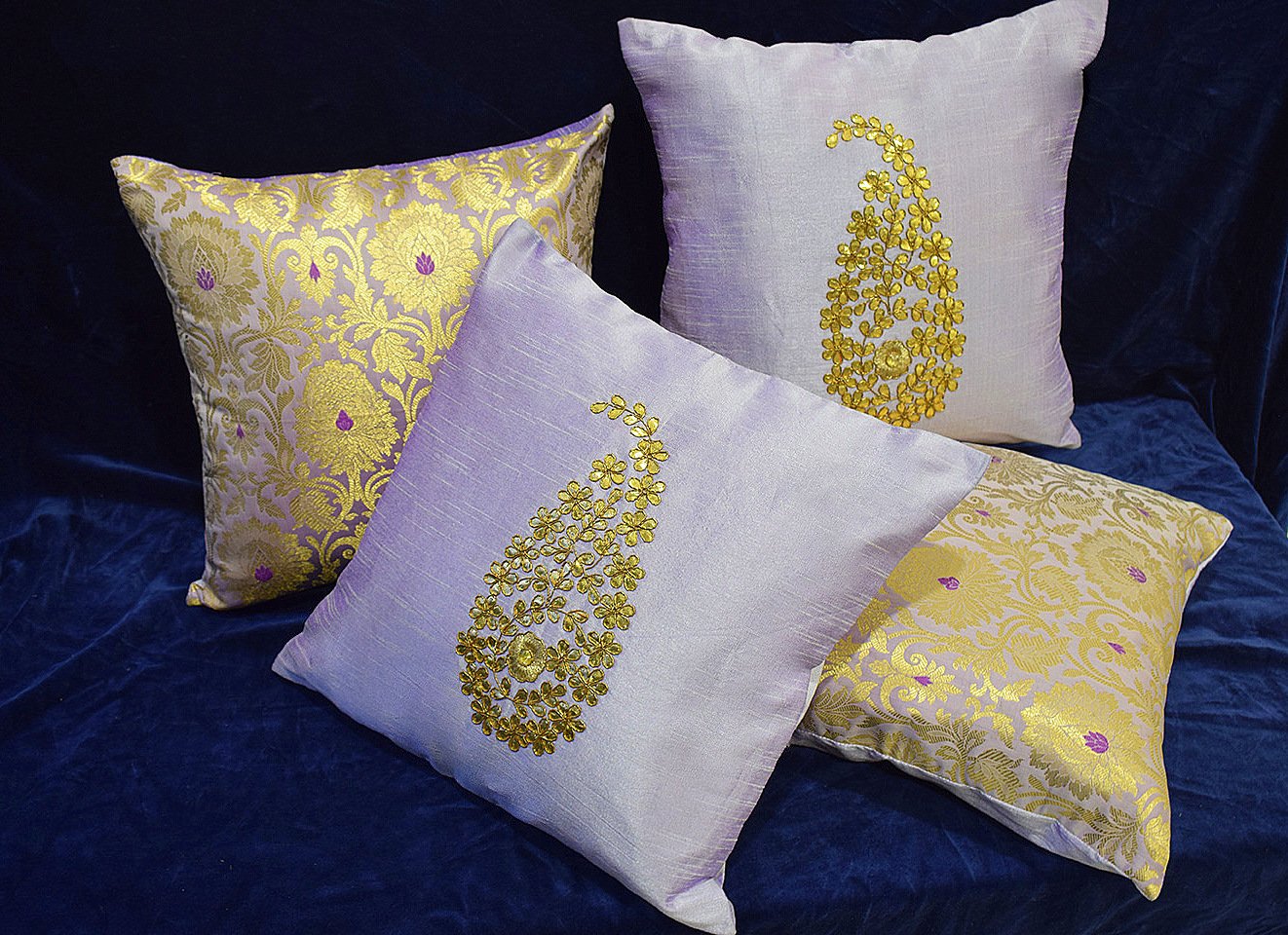 Assorted Lavender Mughal Banarasi Brocade & Paisley Hand Embroidered Cushion Covers - Set of 4