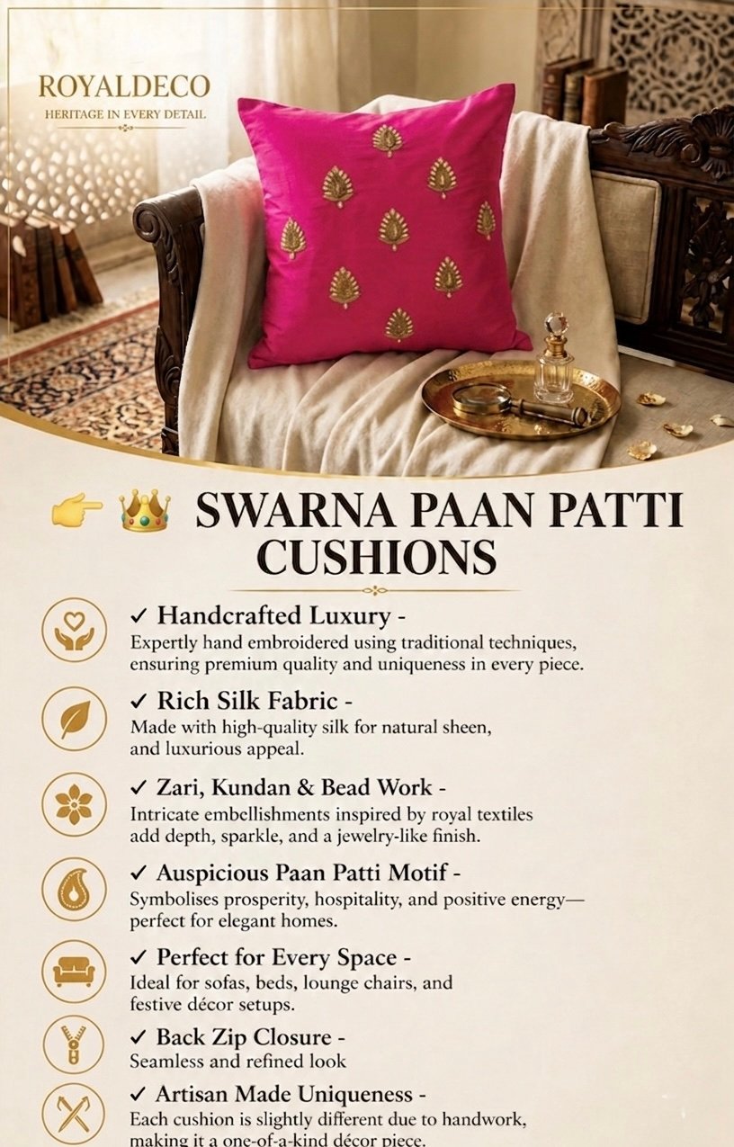 Swarn Paan Patti Beads, Kundan & Zari Hand Embroidery Magenta Cushion Covers - Image 4
