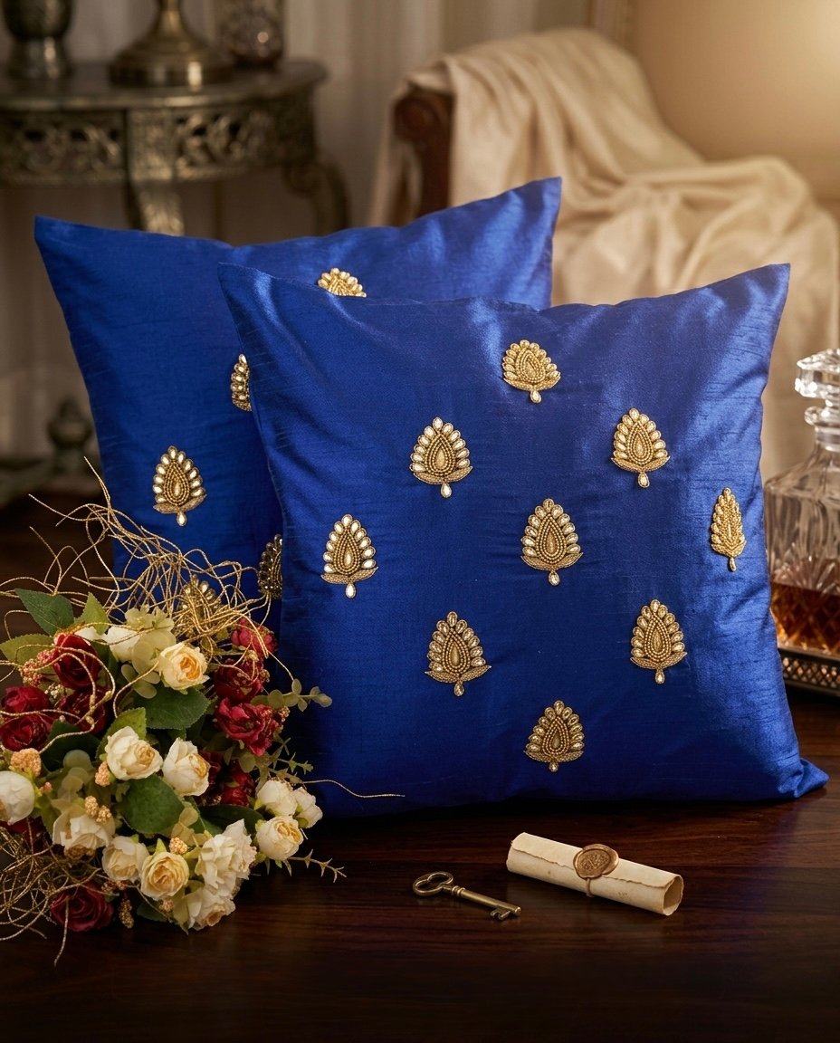 Swarn Paan Patti Beads, Kundan & Zari Hand Embroidery Blue Cushion Covers - Image 2