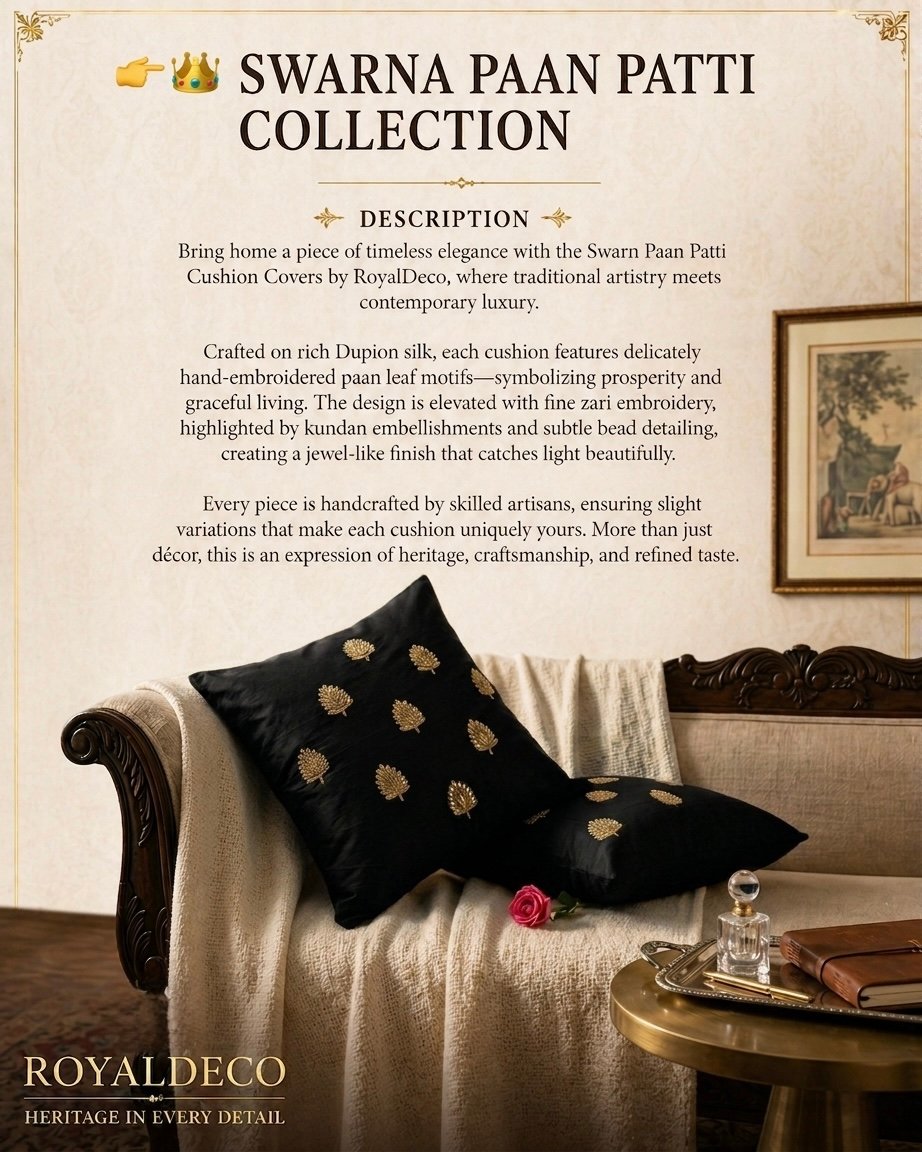Swarn Paan Patti Beads, Kundan & Zari Hand Embroidery Black Cushion Covers - Image 4