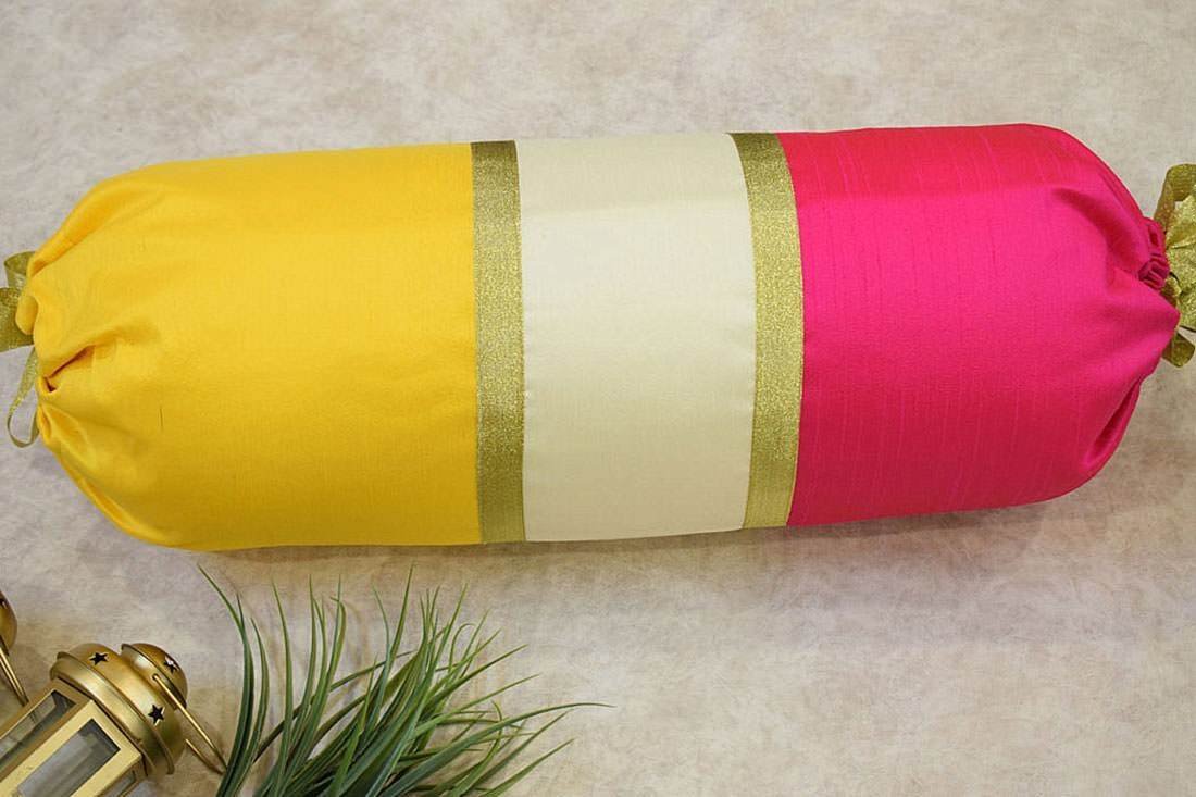 TRI Color Golden Zari Decorative Bolster Covers (Yellow, Ivory, Magenta) - Image 4