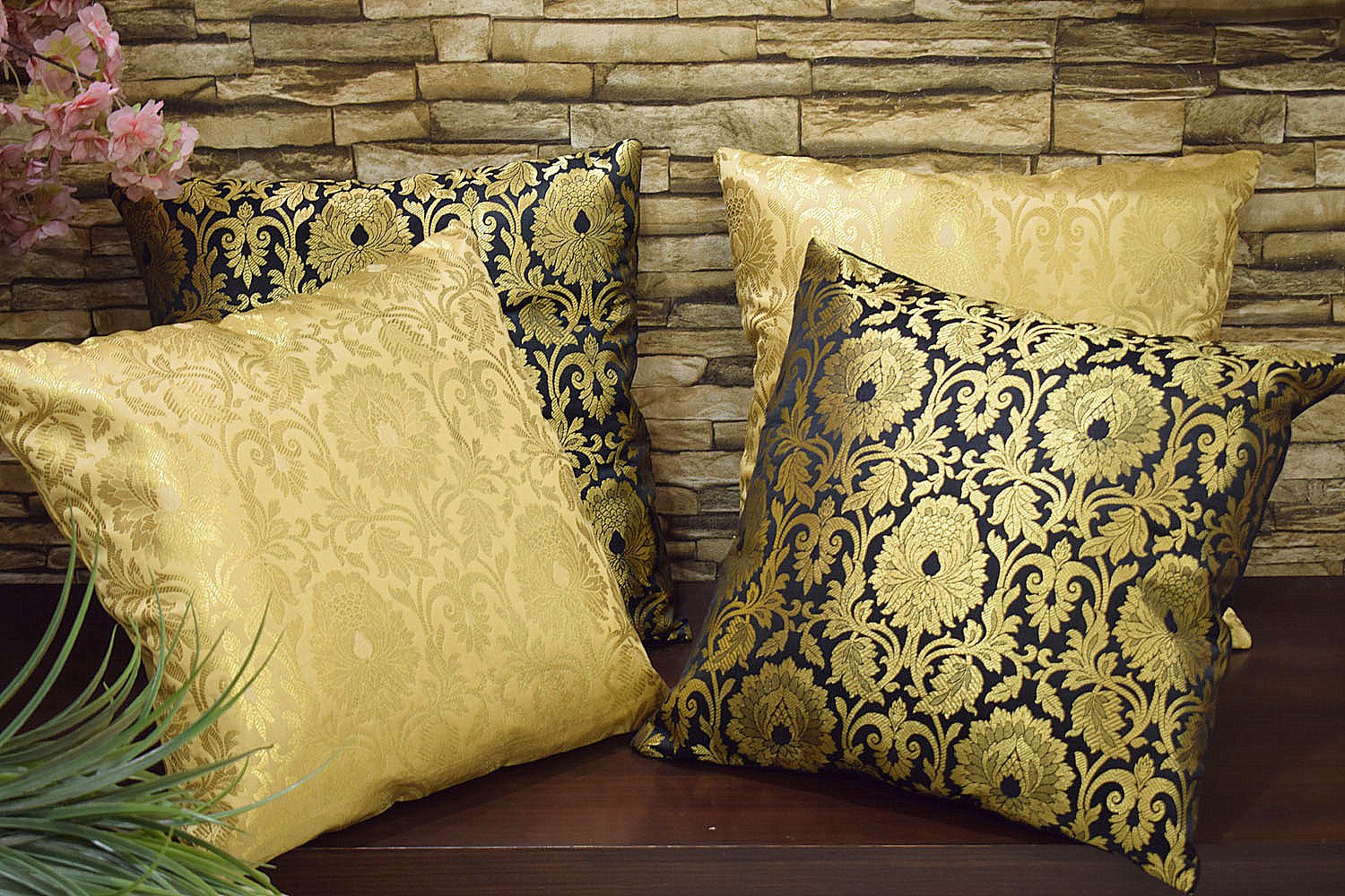 MUGHAL BANARASI Brocade Cushion Covers Combo (MariGold & Black) - Image 4
