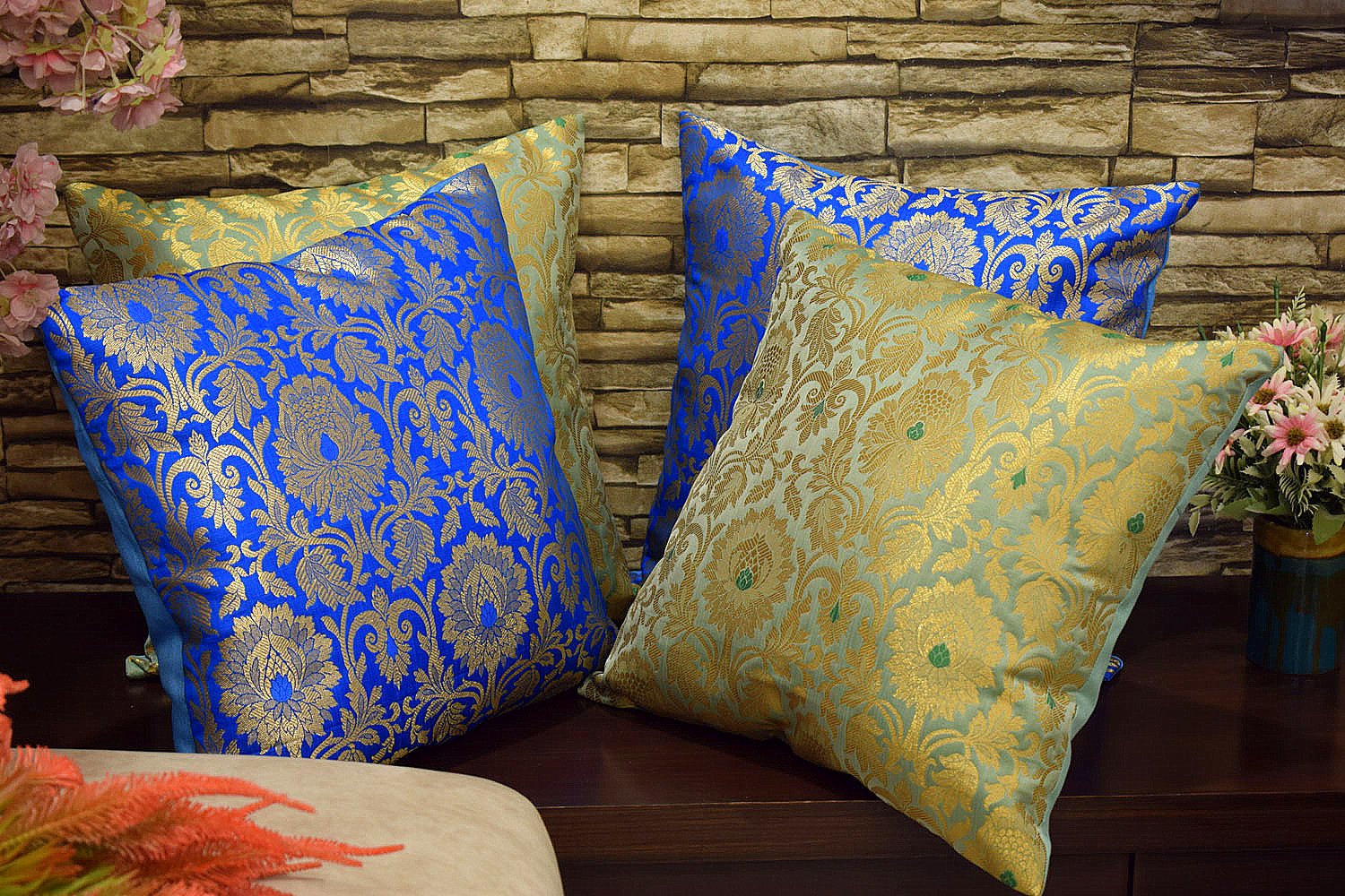 MUGHAL BANARASI Brocade Cushion Covers Combo (Sage Green & Firozi) - Image 4