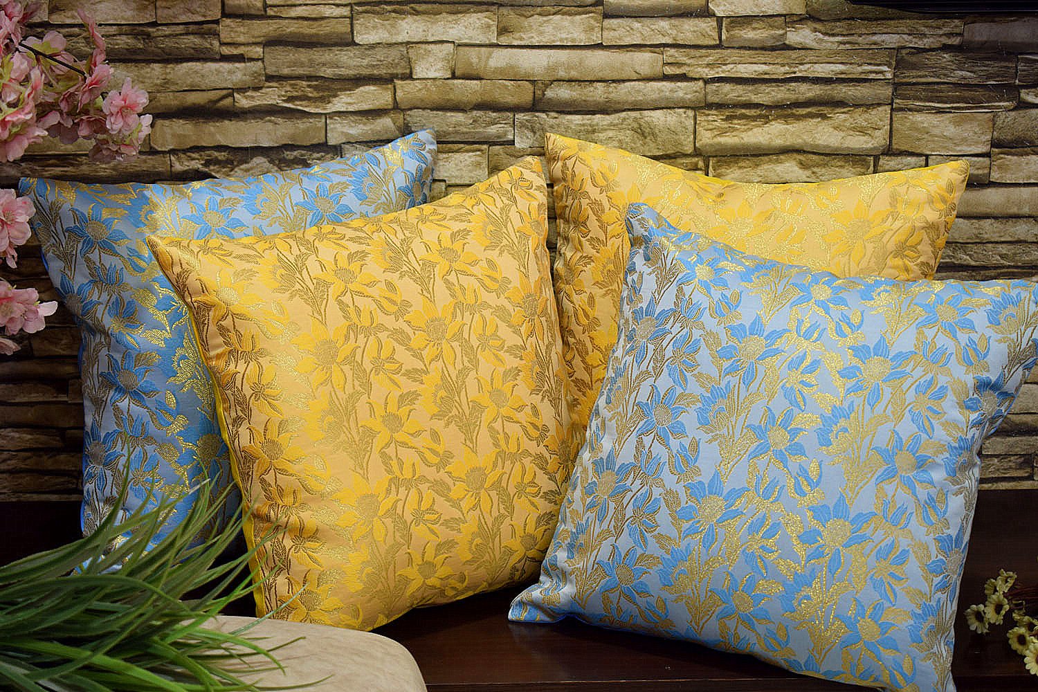 Bageecha Floral Brocade Silk Cushion Covers Combo (Sky Blue & Yellow) - Image 4