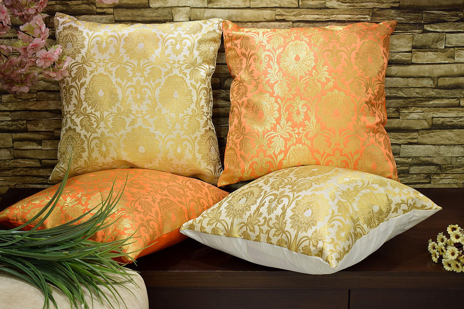 MUGHAL BANARASI Brocade Cushion Covers Combo (Orange & White) - Image 4