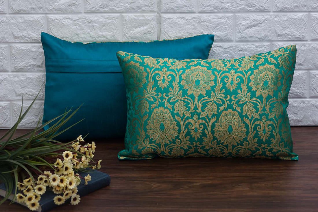 MUGHAL BANARASI Brocade Long Rectangular Cushion Covers (Green & Golden) - Image 4