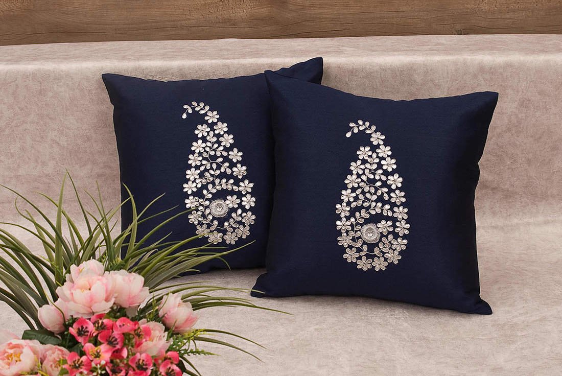 Navy Blue & Sliver Paisley Gota Patti Hand Embroidery - Image 2