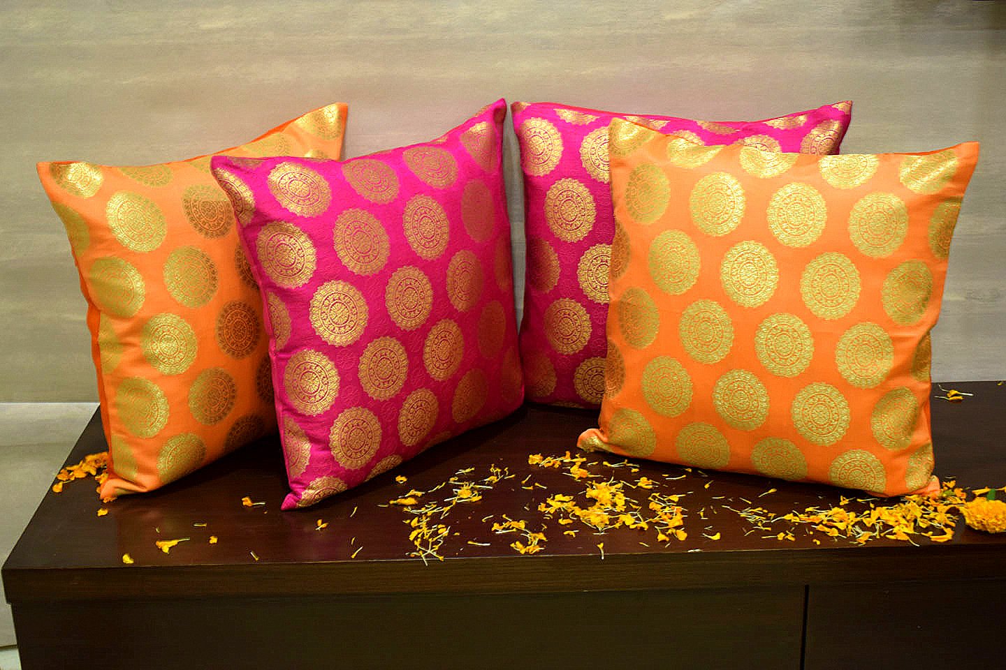 Mandala Brocade Silk Cushion Covers Combo (Orange & Magenta) - Image 4