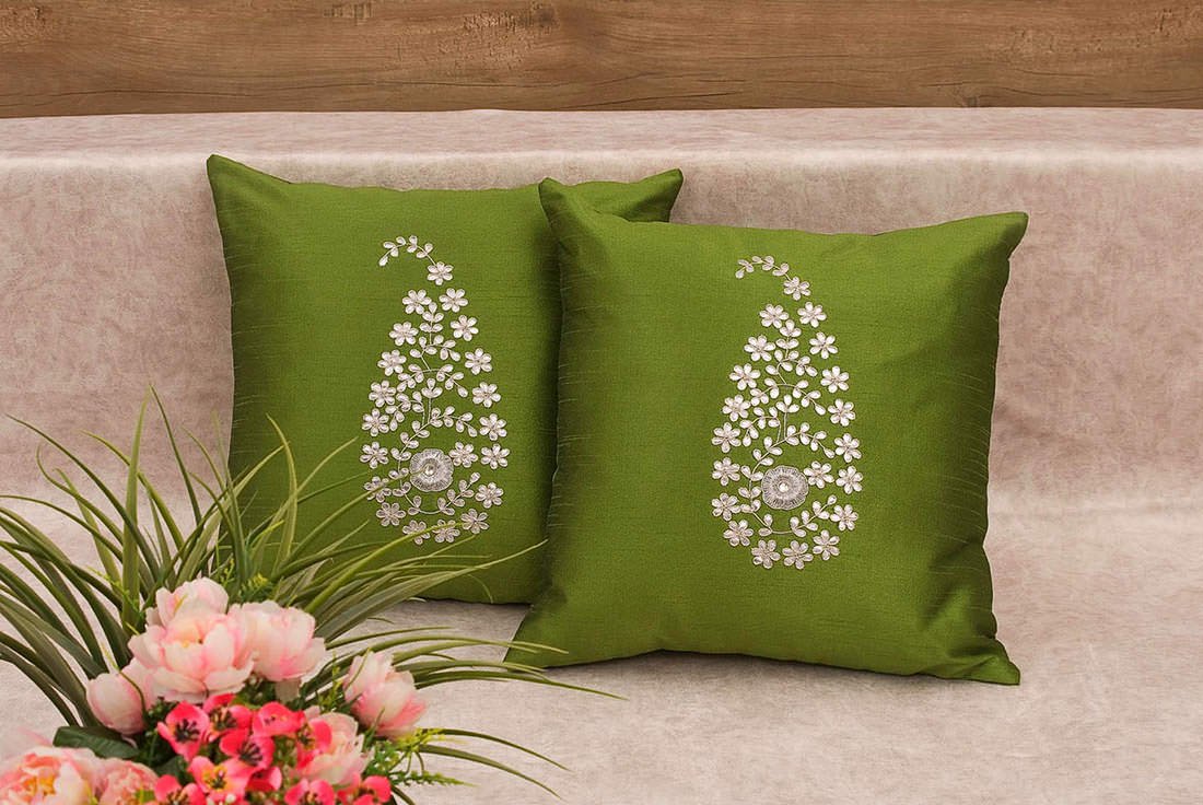 Olive Green & Silver Paisley Gota Patti Hand Embroidery - Image 2