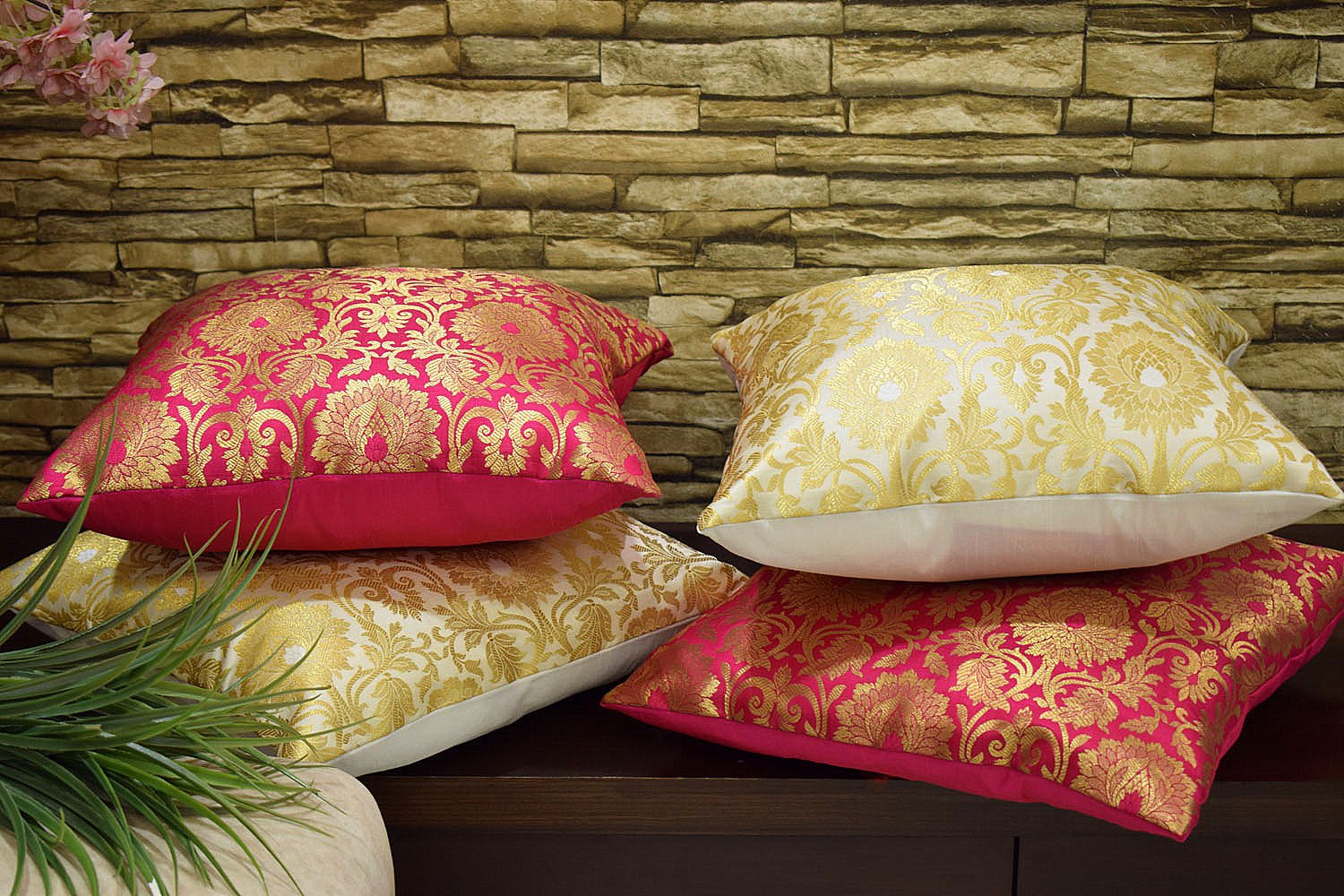 MUGHAL BANARASI Brocade Cushion Covers Combo (Bougainvillea Pink & White) - Image 3