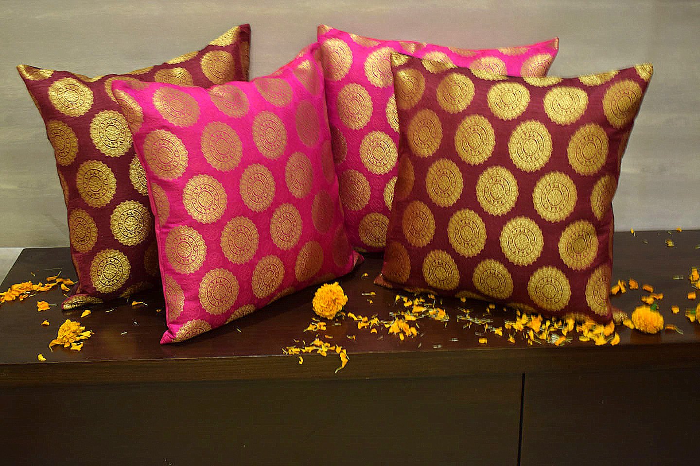 Mandala Brocade Silk Cushion Covers Combo (Maroon & Magenta) - Image 4