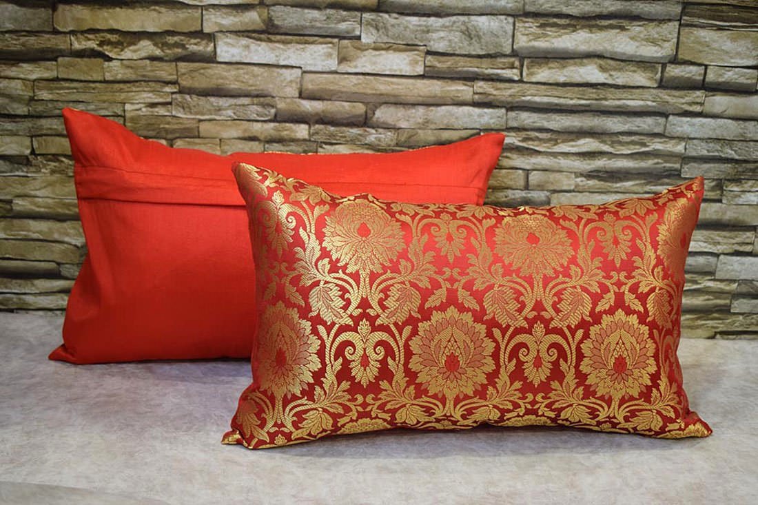 MUGHAL BANARASI Brocade Long Rectangular Cushion Covers (Red & Golden) - Image 4