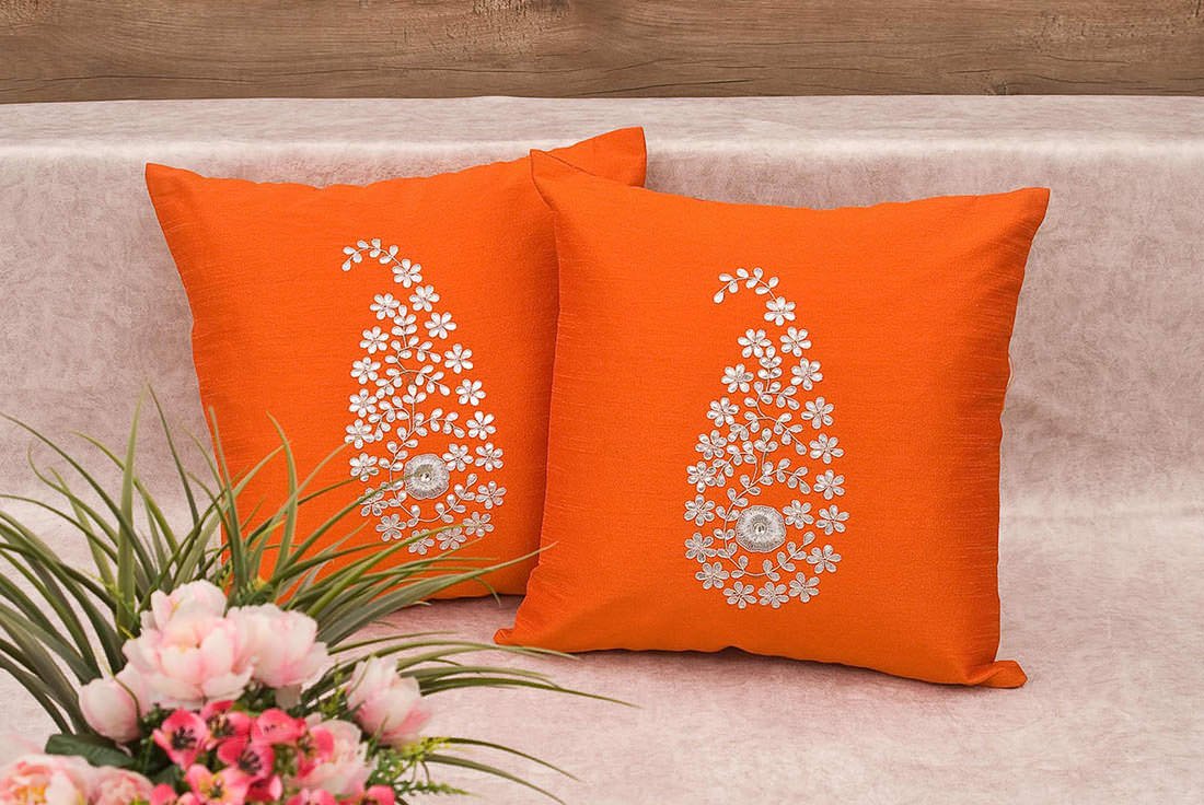 Orange & Silver Paisley Gota Patti Hand Embroidery - Image 2