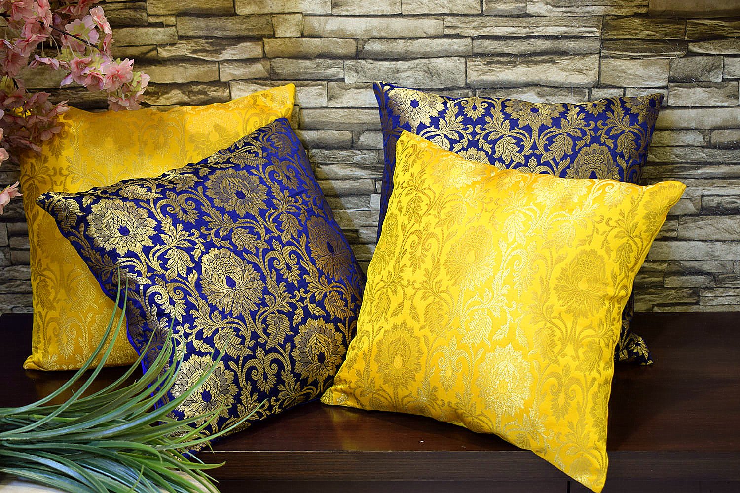 MUGHAL BANARASI Brocade Cushion Covers Combo (Yellow & Blue) - Image 4