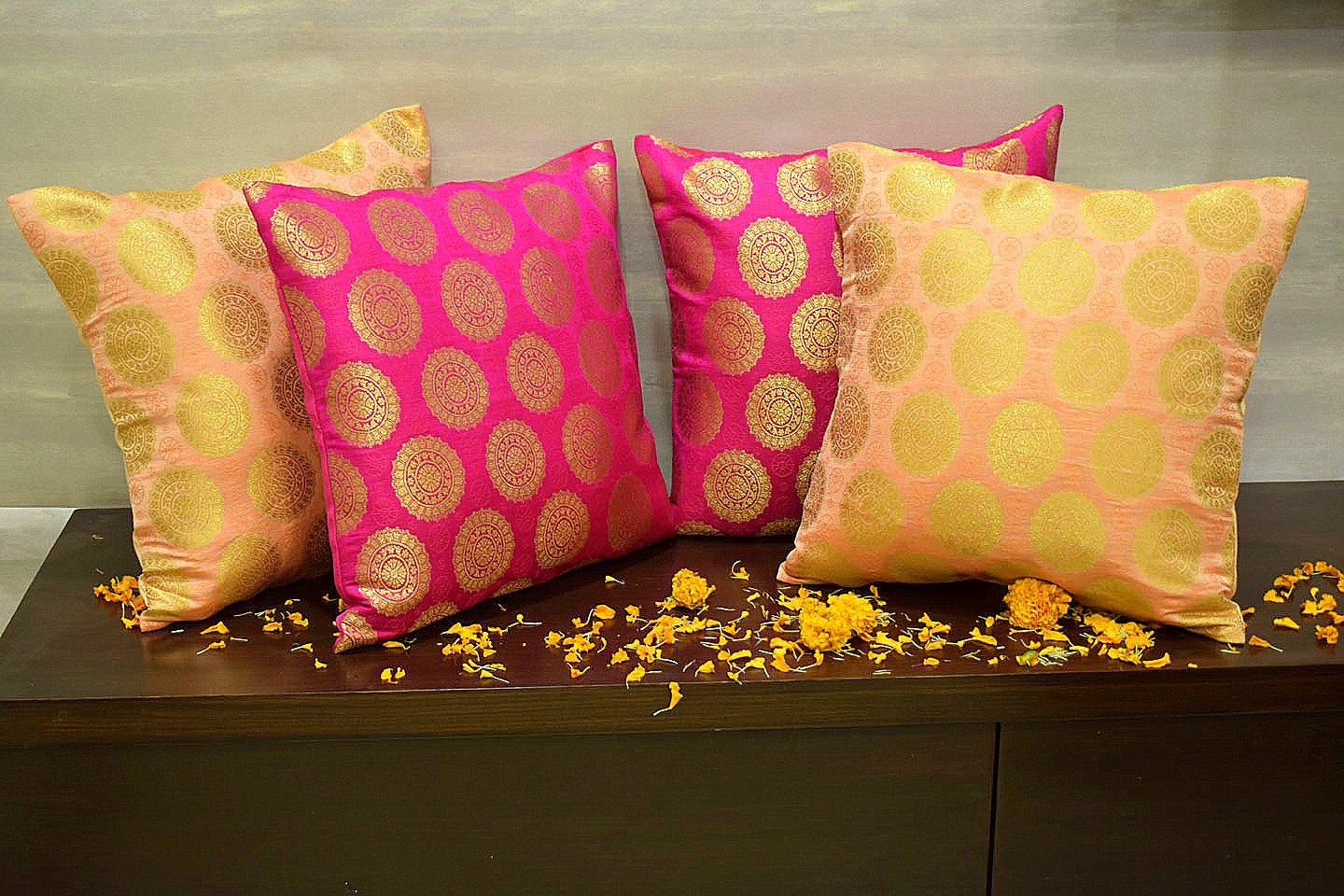 Mandala Brocade Silk Cushion Covers Combo (Coral & Magenta) - Image 4