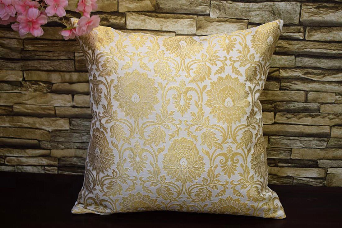 MUGHAL BANARASI Brocade Cushion Covers (White & Golden) - Image 4