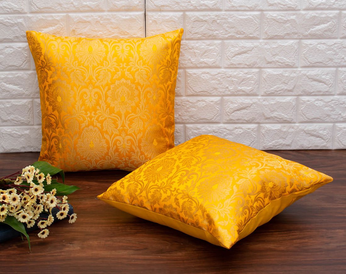 MUGHAL BANARASI Brocade Cushion Covers (Yellow & Golden) - Image 3
