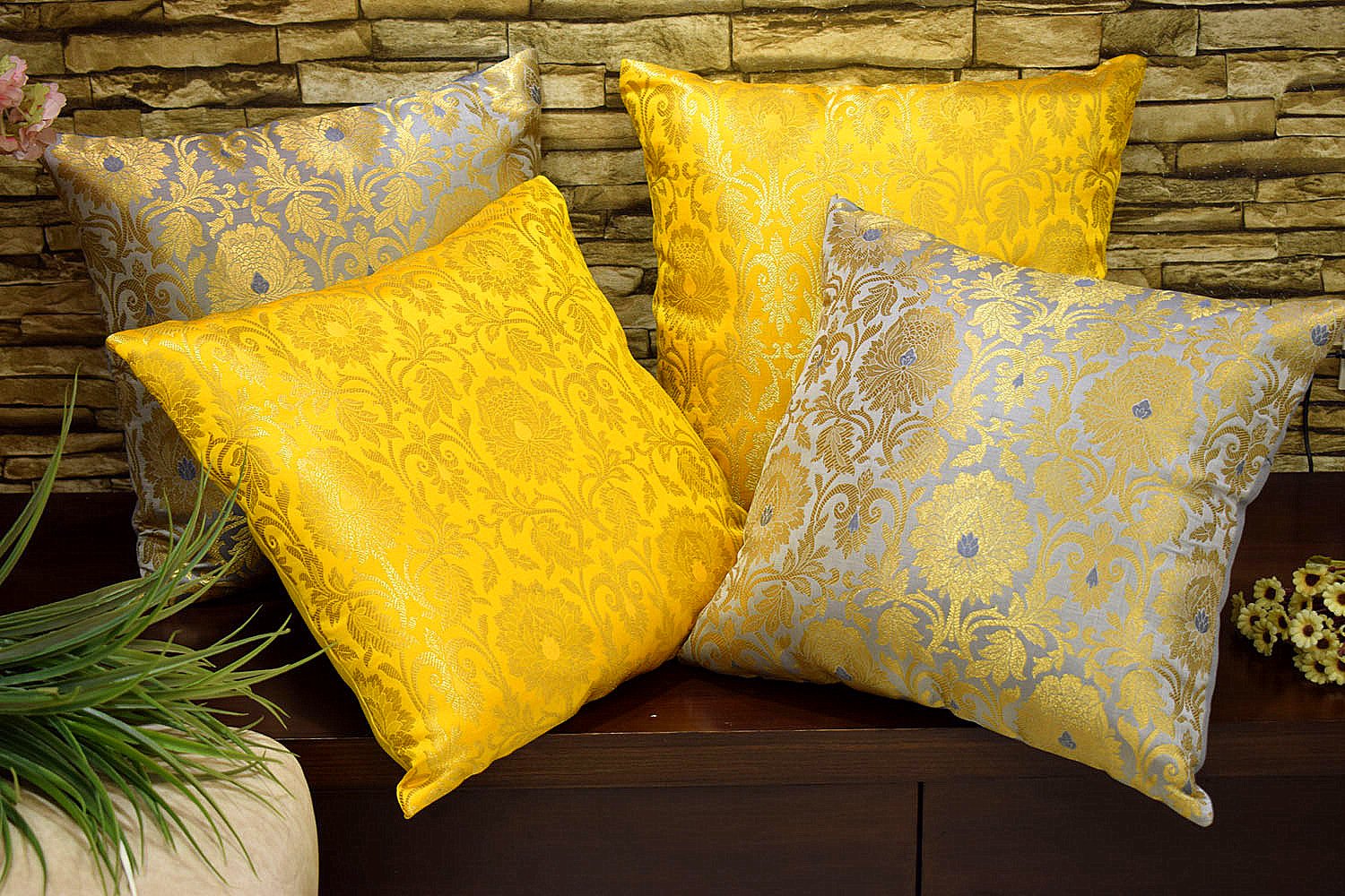 MUGHAL BANARASI Brocade Cushion Covers Combo (Yellow & Grey) - Image 5