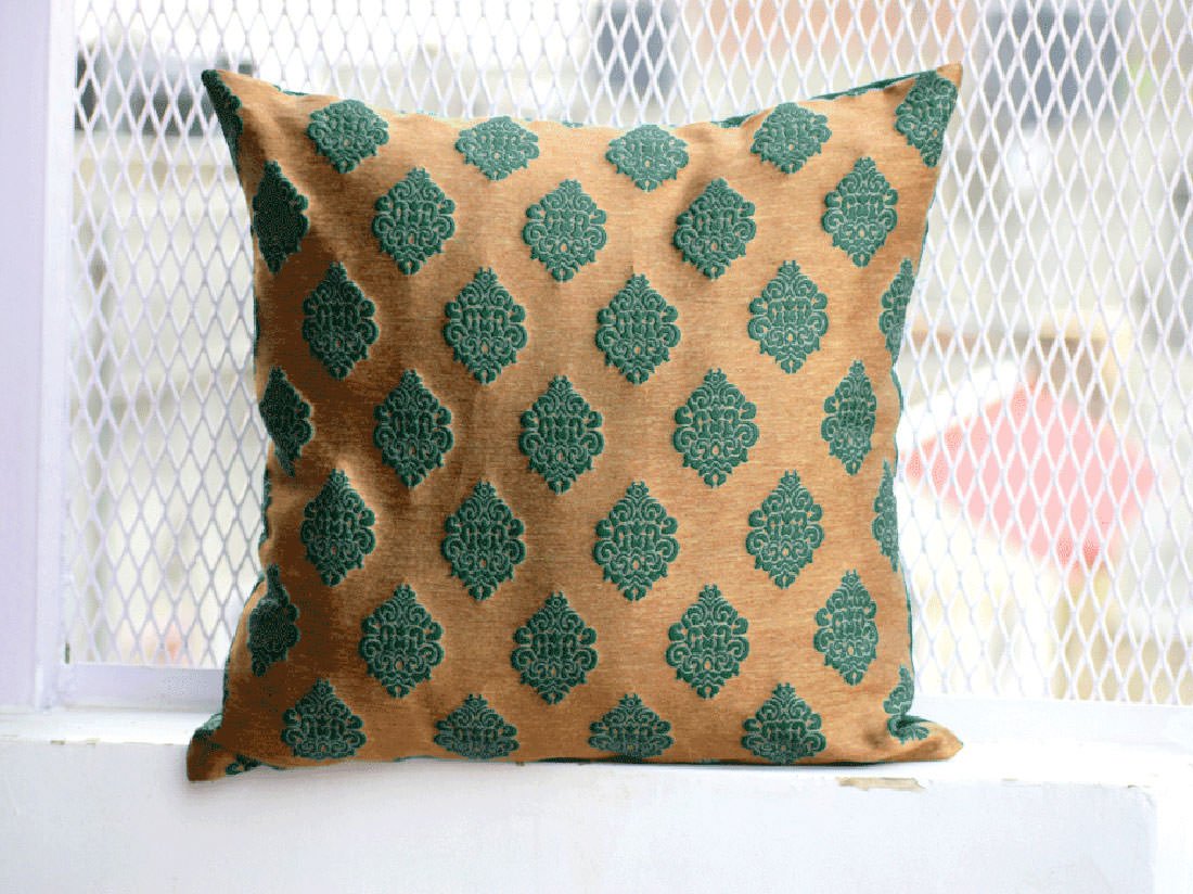 Premium Quality Teal Green & Golden Brown Brocade Embossed Design Cushion Covers - Image 4