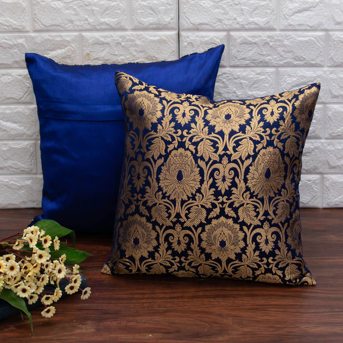 MUGHAL BANARASI Brocade Cushion Covers (Navy Blue & Golden) - Image 3