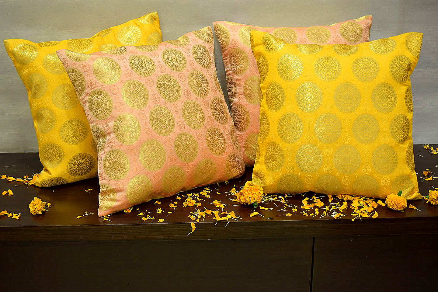Mandala Brocade Silk Cushion Covers Combo (Coral & Yellow) - Image 4