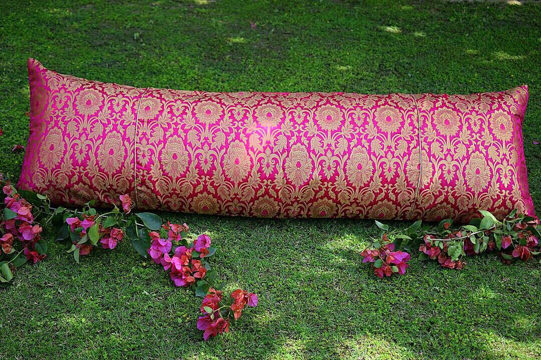 Extra Long Buogainvillea Pink & Golden Mughal Banarasi Brocade Pillow Cover With Filler - Image 4