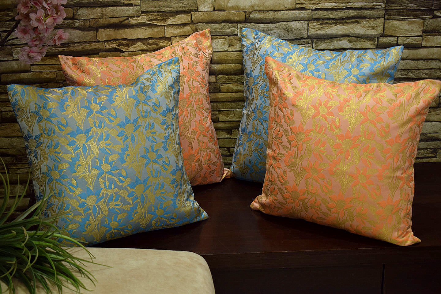 Bageecha Floral Brocade Silk Cushion Covers Combo (Peach & Sky Blue) - Image 4