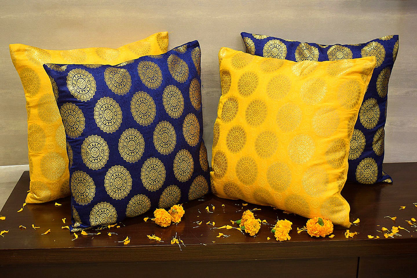 Mandala Brocade Silk Cushion Covers Combo (Blue & Yellow) - Image 4